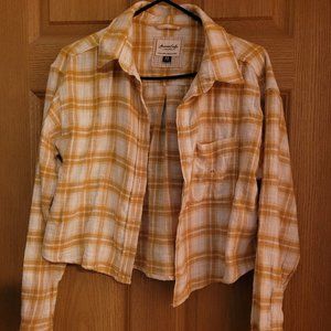 American Eagle XS cropped white and yellow plaid button up shirt